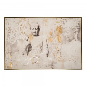 Πίνακας ελαιογραφίας πάνω σε τυπωμένο καμβά με φιγούρα Βούδα σε λευκό χρώμα και χρυσές λεπτομέρειες 123x83 εκ