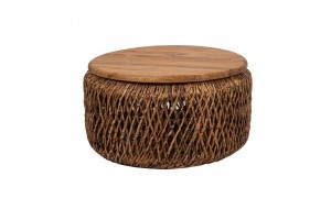 Ψάθινο στρογγυλό τραπέζι από abaca με ξύλινη επιφάνεια σε φυσικό χρώμα 70x37 εκ
