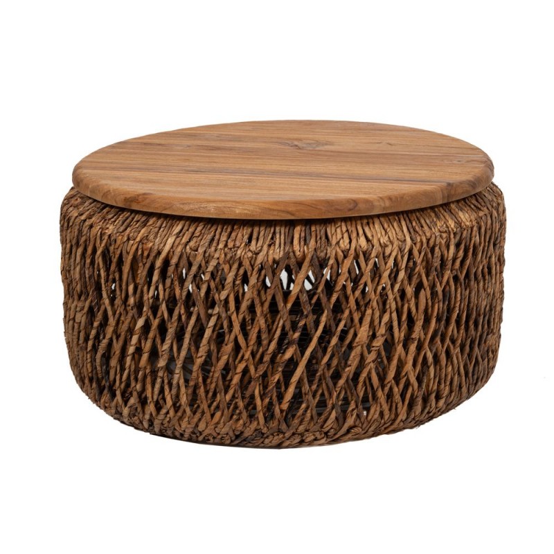 Ψάθινο στρογγυλό τραπέζι από abaca με ξύλινη επιφάνεια σε φυσικό χρώμα 70x37 εκ