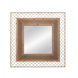 Επιτοίχιος τετράγωνος καθρέπτης με πλαίσιο από ξύλο και μέταλλο σε μπεζ χρώμα 80x80 εκ