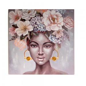 Πίνακας ελαιογραφίας πάνω σε τυπωμένο καμβά με πορτραίτο γυναίκας με λουλούδια στα μαλλιά 100x100 εκ