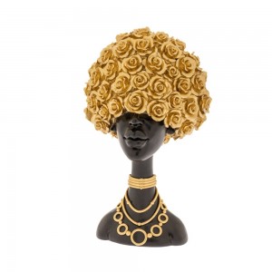 Διακοσμητική φιγούρα γυναίκας σε μαύρη απόχρωση από πολυρεζίνη με χρυσά λουλούδια στα μαλλιά 20x12x32 εκ