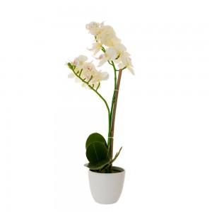 Διακοσμητική γλάστρα σε λευκό χρώμα με τεχνητό φυτό ορχιδέα σε κρεμ απόχρωση 10x44 εκ