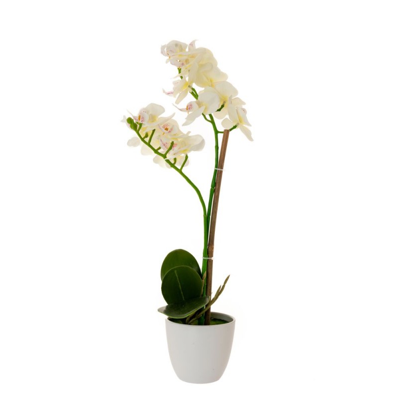 Διακοσμητική γλάστρα σε λευκό χρώμα με τεχνητό φυτό ορχιδέα σε κρεμ απόχρωση 10x44 εκ