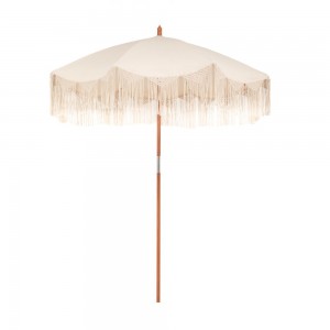 Boho στρογγυλή ομπρέλα μακραμέ σε λευκό  χρώμα με ξύλινο ιστό 180x245 εκ.  Η ομπρέλα δεν είναι αδιάβροχη και είναι βασικής σκίασης. Βάση τοποθέτησης δεν συμπεριλαμβάνεται.