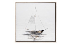 Sail Boat πίνακας ελαιογραφίας σε τυπωμένο καμβά με θέμα καραβάκι και ξύλινη κορνίζα σε σαμπανί απόχρωση 40x40 εκ