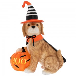 Διακοσμητική φιγούρα σκύλου Halloween από πολύρεζίνη με κολοκύθα με ενσωματωμένο LED φωτισμό 34x19x41 εκ