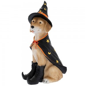Διακοσμητική φιγούρα σκύλου Halloween από πολυρεζίνη με μαύρη μπέρτα καπέλο και μπότες 18x25x47 εκ