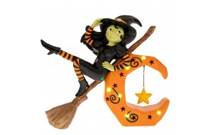Διακοσμητική φιγούρα Halloween από πολυρεζίνη με μάγισσα σκούπα και φεγγάρι με ενσωματωμένο φωτισμό 32x12x28 εκ