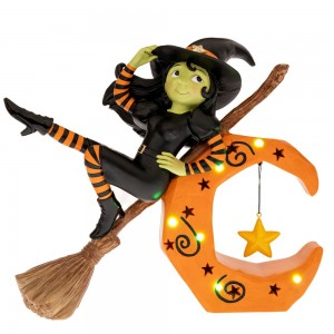 Διακοσμητική φιγούρα Halloween από πολυρεζίνη με μάγισσα με σκούπα και φεγγάρι με ενσωματωμένο φωτισμό 32x12x28 εκ