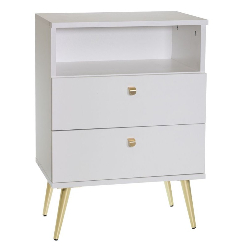 Ξύλινο κομοδίνο Stolik σε λευκό χρώμα με δύο συρτάρια ανοιχτό ράφι και χρυσά μεταλλικά πόδια 50x34x69 εκ Ξύλινο κομοδίνο Stolik σε λευκό χρώμα με δύο συρτάρια ανοιχτό ράφι και χρυσά μεταλλικά πόδια 50x34x69 εκ