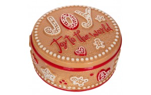 Χριστουγεννιάτικη κεραμική μπισκοτιέρα gingerbread σε μπεζ απόχρωση με επιγραφή Joy και ανάγλυφα σχέδια ζαχαρωτών 17x8 εκ