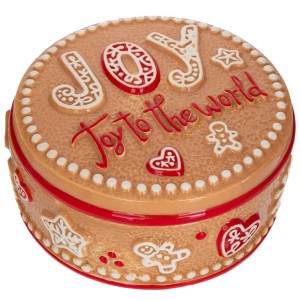 Χριστουγεννιάτικη κεραμική μπισκοτιέρα gingerbread σε μπεζ απόχρωση με επιγραφή Joy και ανάγλυφα σχέδια ζαχαρωτών 17x8 εκ