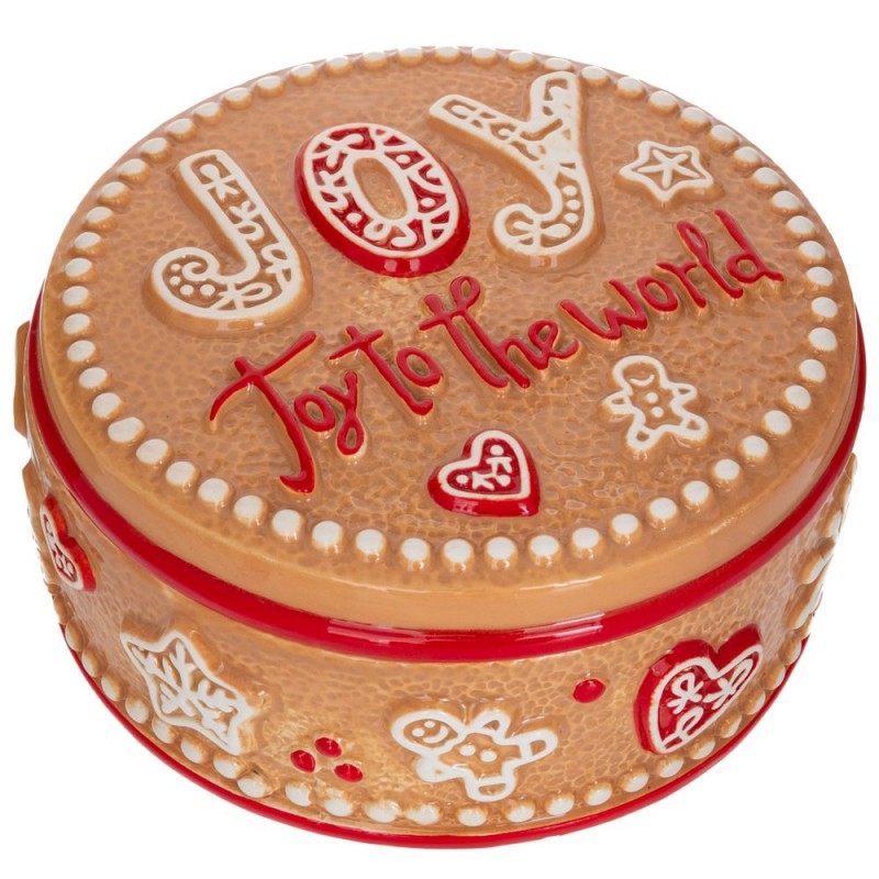 Χριστουγεννιάτικη κεραμική μπισκοτιέρα gingerbread σε μπεζ απόχρωση με επιγραφή Joy και ανάγλυφα σχέδια ζαχαρωτών 17x8 εκ