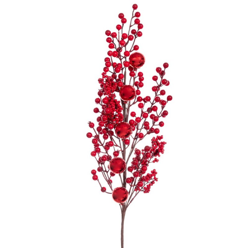Χριστουγεννιάτικο διακοσμητικό κλαδί με berries και μπάλες σε κόκκινη απόχρωση σετ δύο τεμαχίων 85 εκ