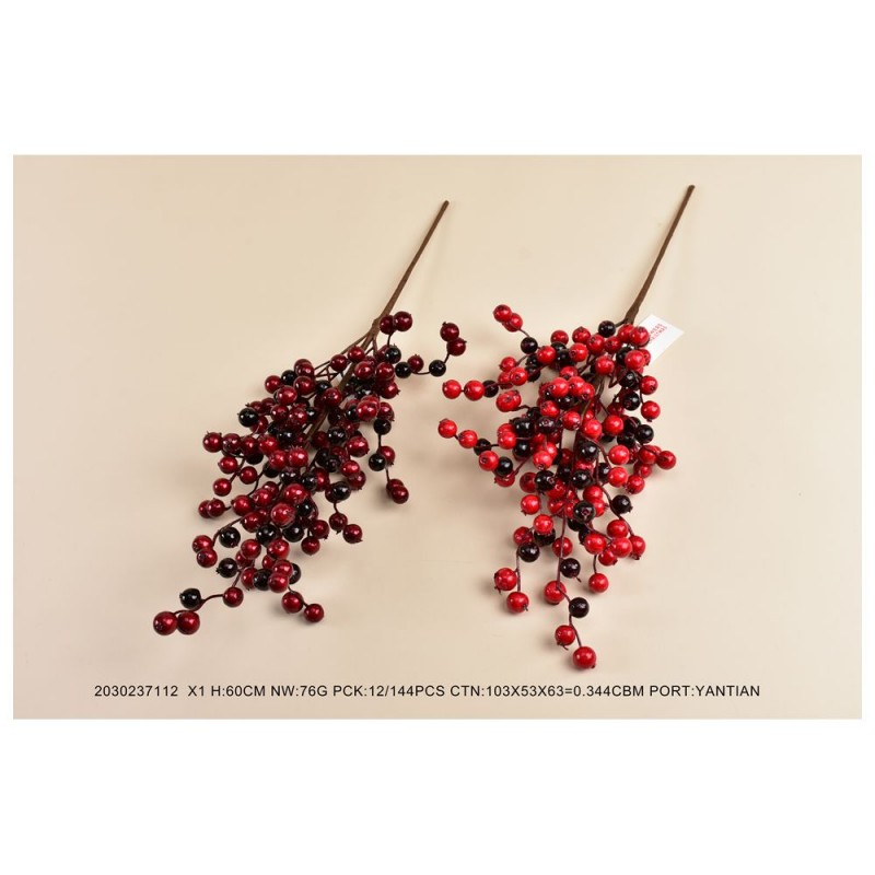 Χριστουγεννιάτικο διακοσμητικό κλαδί με berries σε μπορντό και κόκκινη απόχρωση σετ τεσσάρων τεμαχίων 60 εκ