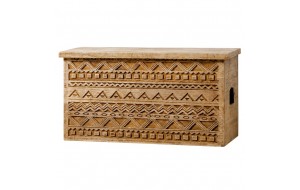 Raw Wood ξύλινο σκαλιστό μπαούλο αποθήκευσης σε φυσική απόχρωση με ανάγλυφα γεωμετρικά μοτίβο 85×35×45 εκ