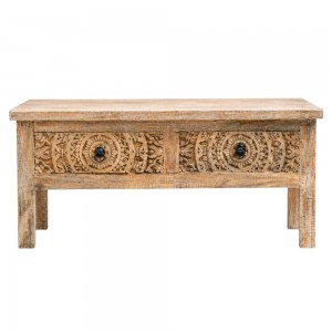 Raw Wood ορθογώνιο ξύλινο τραπεζάκι σαλονιού σε φυσική απόχρωση με σκαλιστά γεωμετρικά μοτίβο και χαμηλά πόδια 100×50×45 εκ
