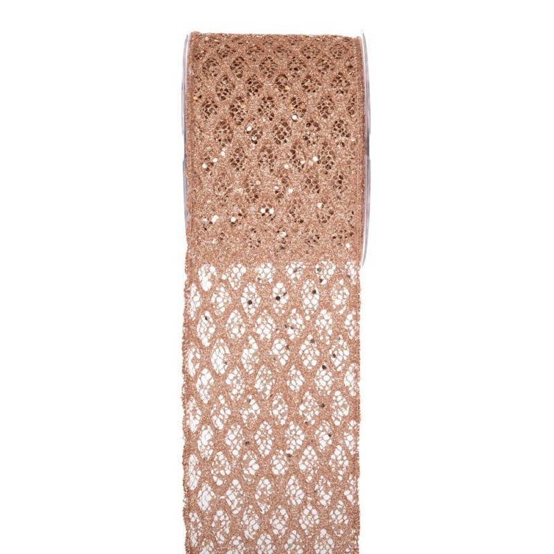 Sparkly Grid χριστουγεννιάτικη κορδέλα σε μπεζ απόχρωση με γεωμετρικό πλέγμα 10x900 εκ
