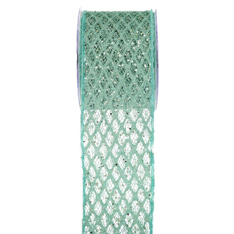Sparkly Grid χριστουγεννιάτικη κορδέλα σε πράσινη απόχρωση με γεωμετρικό πλέγμα 10x900 εκ