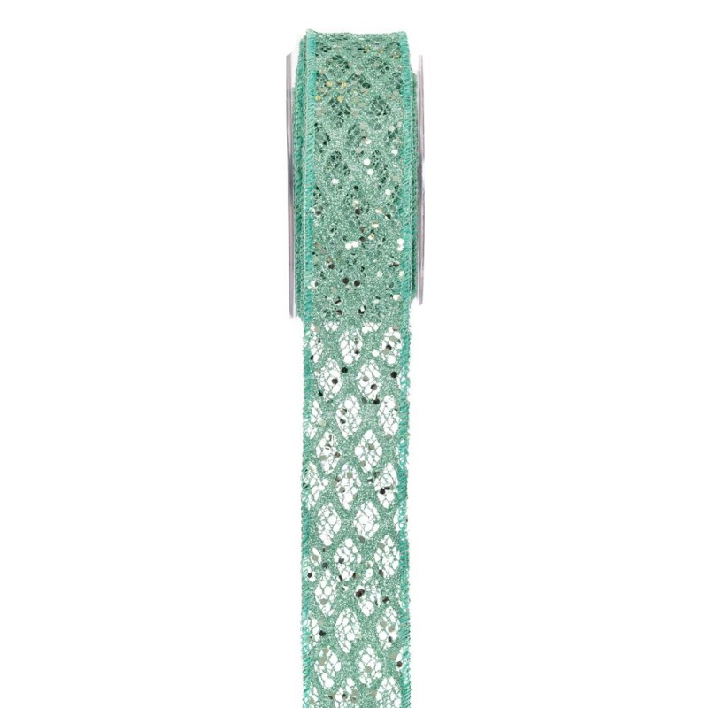 Sparkly Grid χριστουγεννιάτικη κορδέλα σε πράσινη απόχρωση με γεωμετρικό πλέγμα 5,2x900 εκ