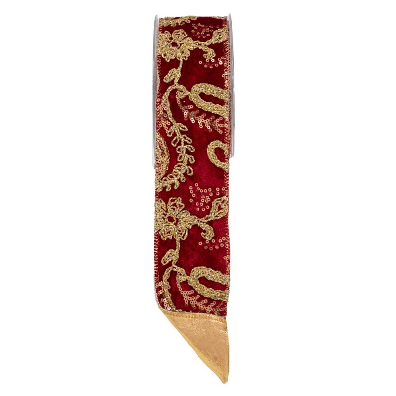 Embroidery χριστουγεννιάτικη κορδέλα σε μπορντό απόχρωση με χρυσή διακόσμηση 6,7x450 εκ