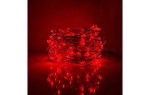 100 Led λαμπάκια αδιάβροχα μπαταρίας ή ρεύματος με χρονοδιακόπτη με ασημί χάλκινο καλώδιο και κόκκινο φως 10μ