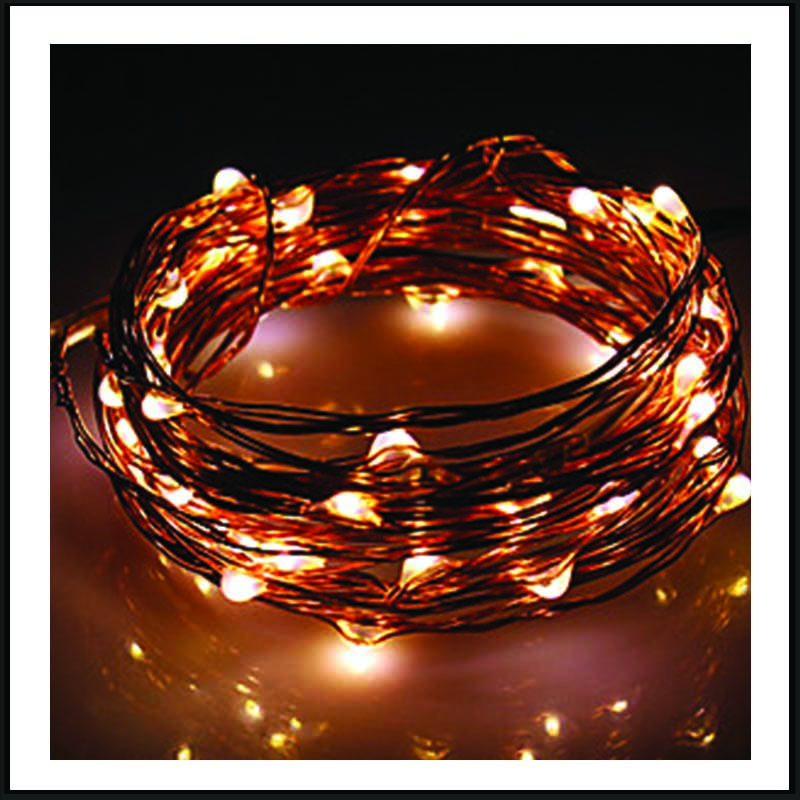 100 Led λαμπάκια αδιάβροχα μπαταρίας ή ρεύματος με χρονοδιακόπτη με μπρονζέ χάλκινο καλώδιο και θερμό λευκό φως 10μ