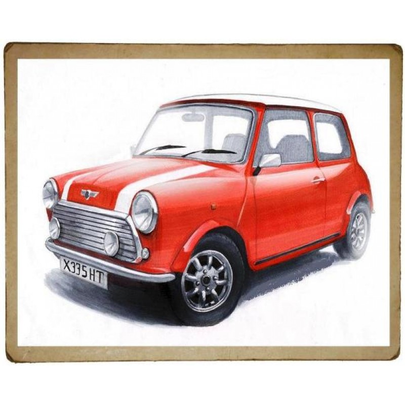 Χειροποίητος πίνακας με vintage απεικόνιση Mini Cooper 25x20 εκ