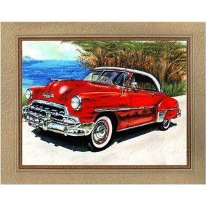 Χειροποίητος πίνακας με vintage αυτοκίνητο κόκκινο 25x20 εκ