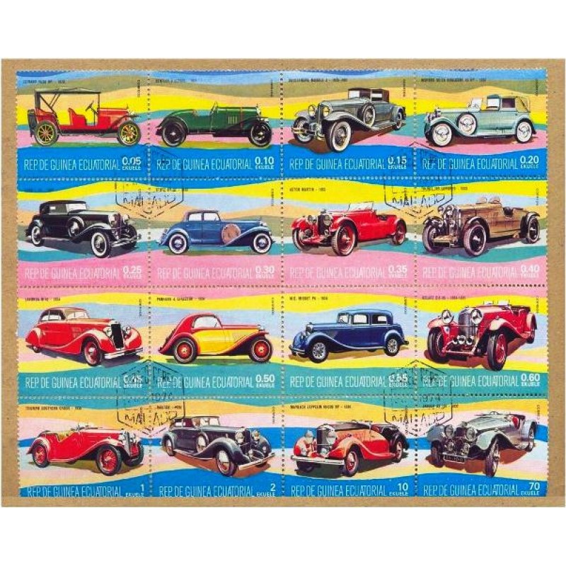 Χειροποίητος vintage πίνακας με αυτοκίνητα αντίκες σε γραμματόσημα 25x20 εκ
