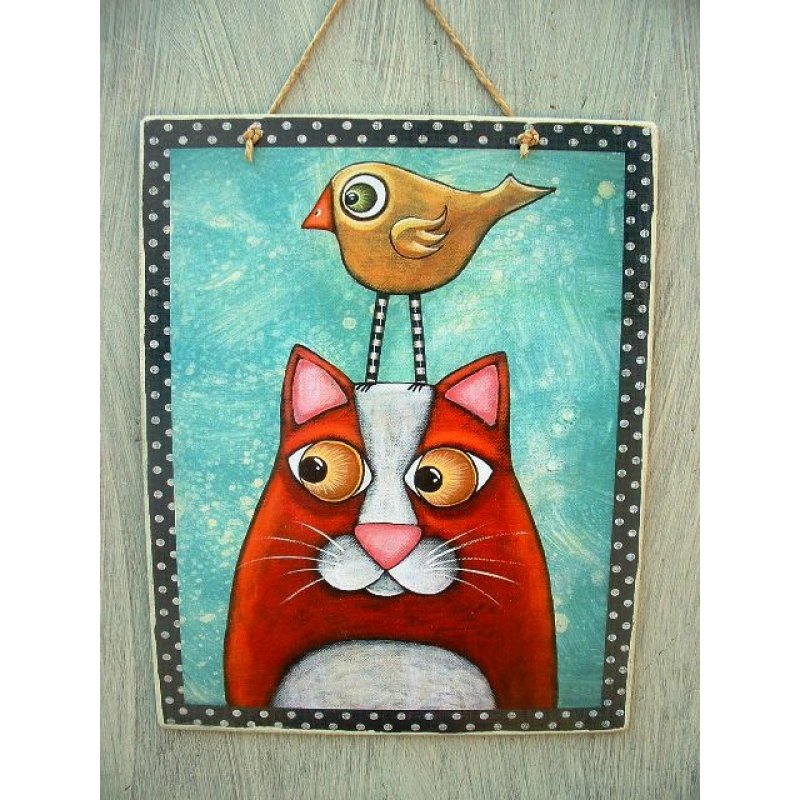 Πίνακας χειροποίητος με γάτα και πουλάκι 20x25 εκ