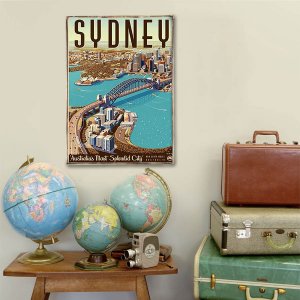 Ξύλινο πινακάκι με vintage ταξιδιωτική διαφήμιση για το Sydney