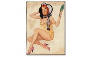 Vintage χειροποίητο πινακάκι με pin up girl που ποζάρει