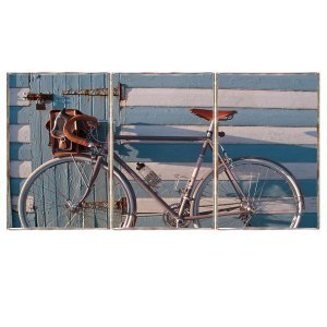 Bicycle at the beach τρίπτυχος ξύλινος πίνακας χειροποίητος