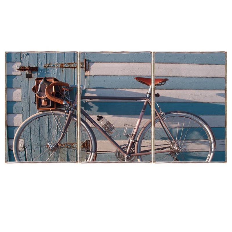 Bicycle at the beach τρίπτυχος ξύλινος πίνακας χειροποίητος