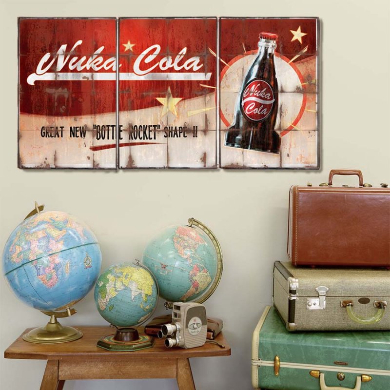 Τρίπτυχος ξύλινος πίνακας χειροποίητος με ρετρό διαφήμιση Nuka Cola