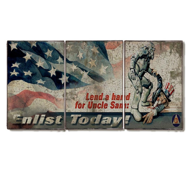 Τρίπτυχος ξύλινος πίνακας χειροποίητος Uncle Sam