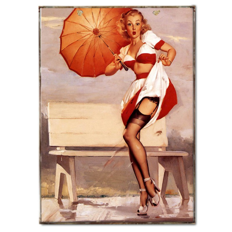 Vintage χειροποίητο πινακάκι pin up girl με ομπρέλα