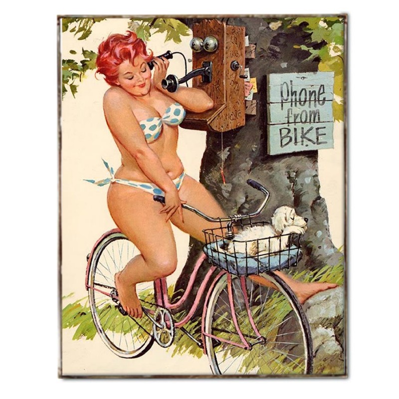 Vintage χειροποίητο πινακάκι pin up girl σε ποδήλατο