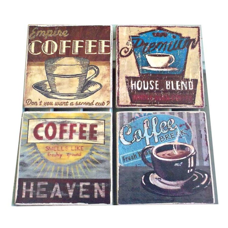 Σουβέρ σετ 4 τεμαχίων χειροποίητα με vintage διαφημίσεις καφέ