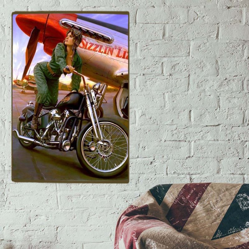 Vintage ξύλινο χειροποίητο πινακάκι army lady moto