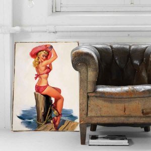 Vintage ξύλινος πίνακας pin up girl στη θάλασσα