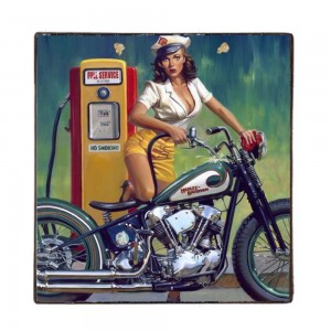 Retro ξύλινο χειροποίητο πινακάκι Harley pin up girl