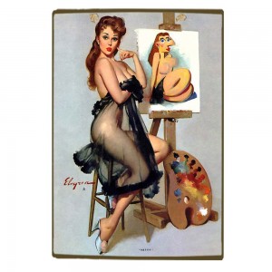 Vintage ξύλινο χειροποίητο πινακάκι pin up girl που ποζάρει