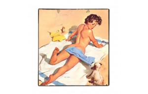 Vintage ξύλινο χειροποίητο πινακάκι pin up girl στην πλαζ