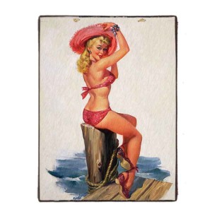 Vintage ξύλινος πίνακας pin up girl στη θάλασσα