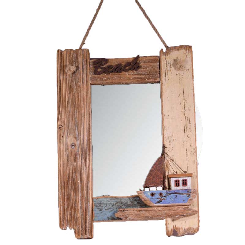 Διακοσμητικός ξύλινος καθρέπτης beach με καραβάκι 29x4x40 εκ