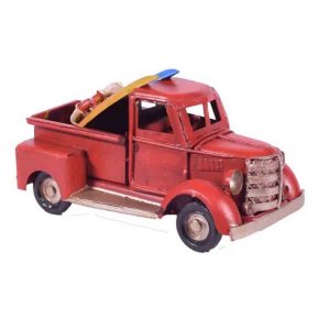 Vintage μεταλλικό διακοσμητικό φορτηγάκι σε κόκκινο χρώμα με surf σανίδα 11x5.5x5,5 εκ