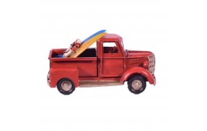 Vintage μεταλλικό διακοσμητικό φορτηγάκι σε κόκκινο χρώμα με surf σανίδα 11x5.5x5,5 εκ